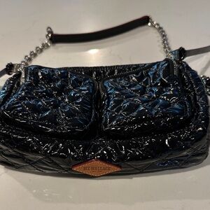 MZ Wallace Black Quilted Patent Nylon Shoulder Bag with Chain Strap